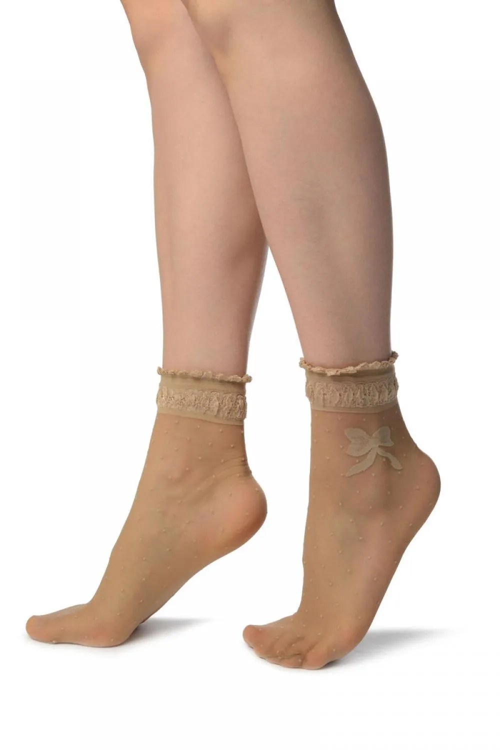 Beige With Dots & Bow Comfort Top Ankle High Socks