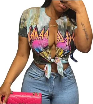 Bornpom Women Sexy Graphic Tees Low Cut V Neck Tops Fringe Short Sleeve Shirts Knot Front Tops