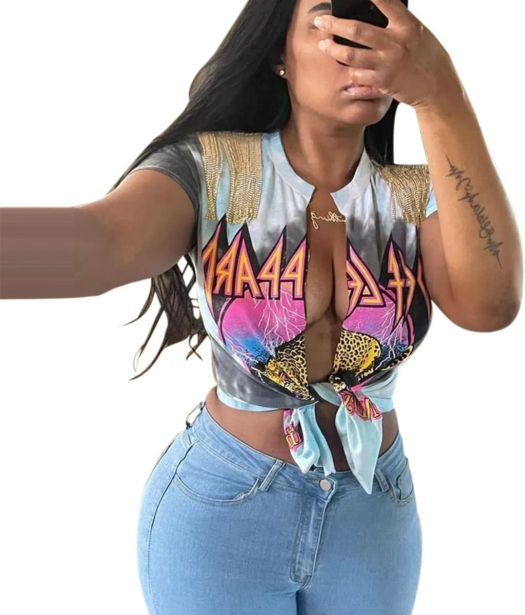 Bornpom Women Sexy Graphic Tees Low Cut V Neck Tops Fringe Short Sleeve Shirts Knot Front Tops