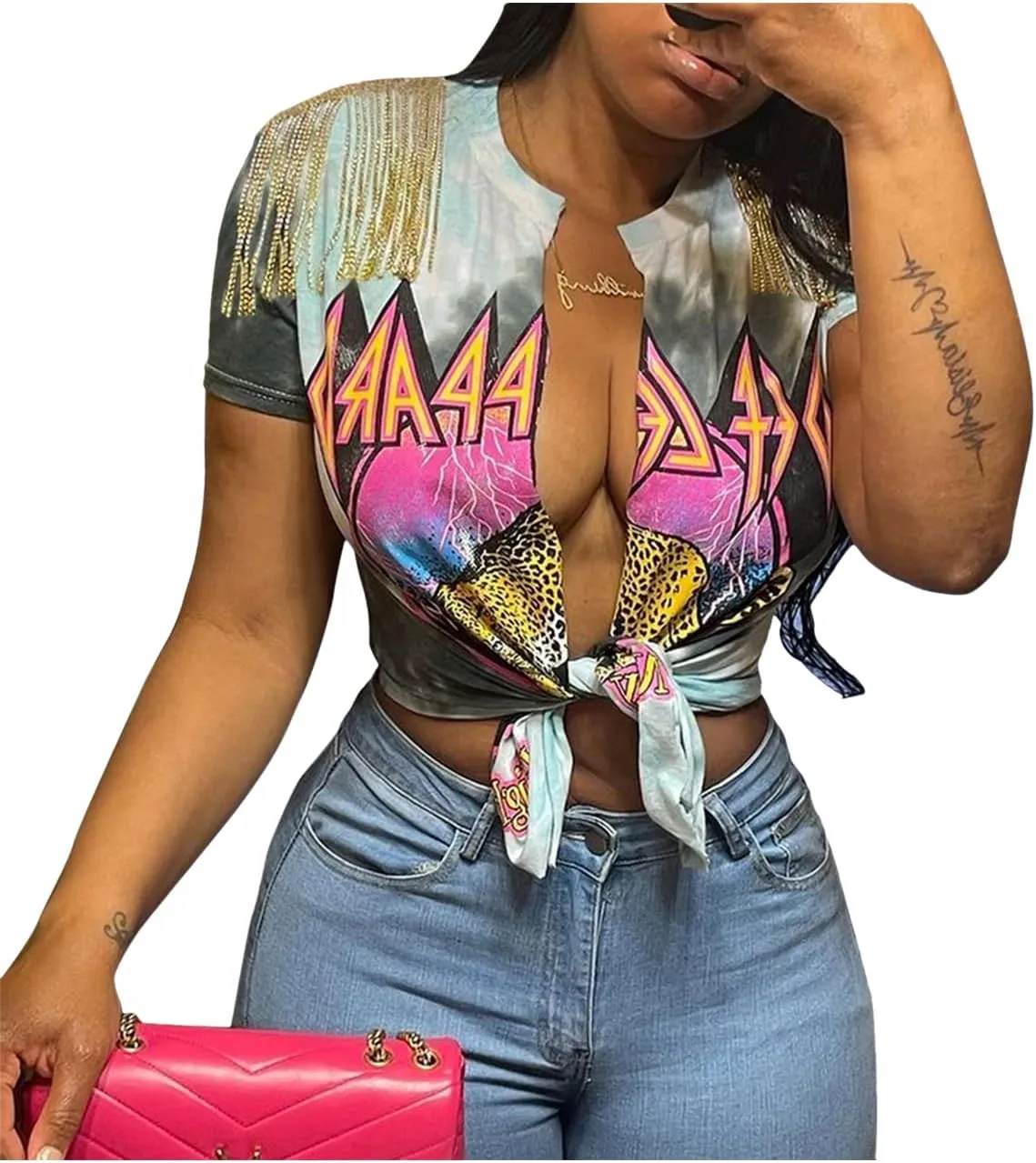 Bornpom Women Sexy Graphic Tees Low Cut V Neck Tops Fringe Short Sleeve Shirts Knot Front Tops