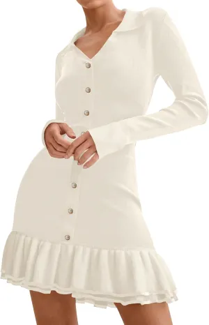 chouyatou Women's Long Sleeve Ruffle Hem Bodycon Knit Sweater Mini Dress Collared Back Tie Knot Cut Out Dress