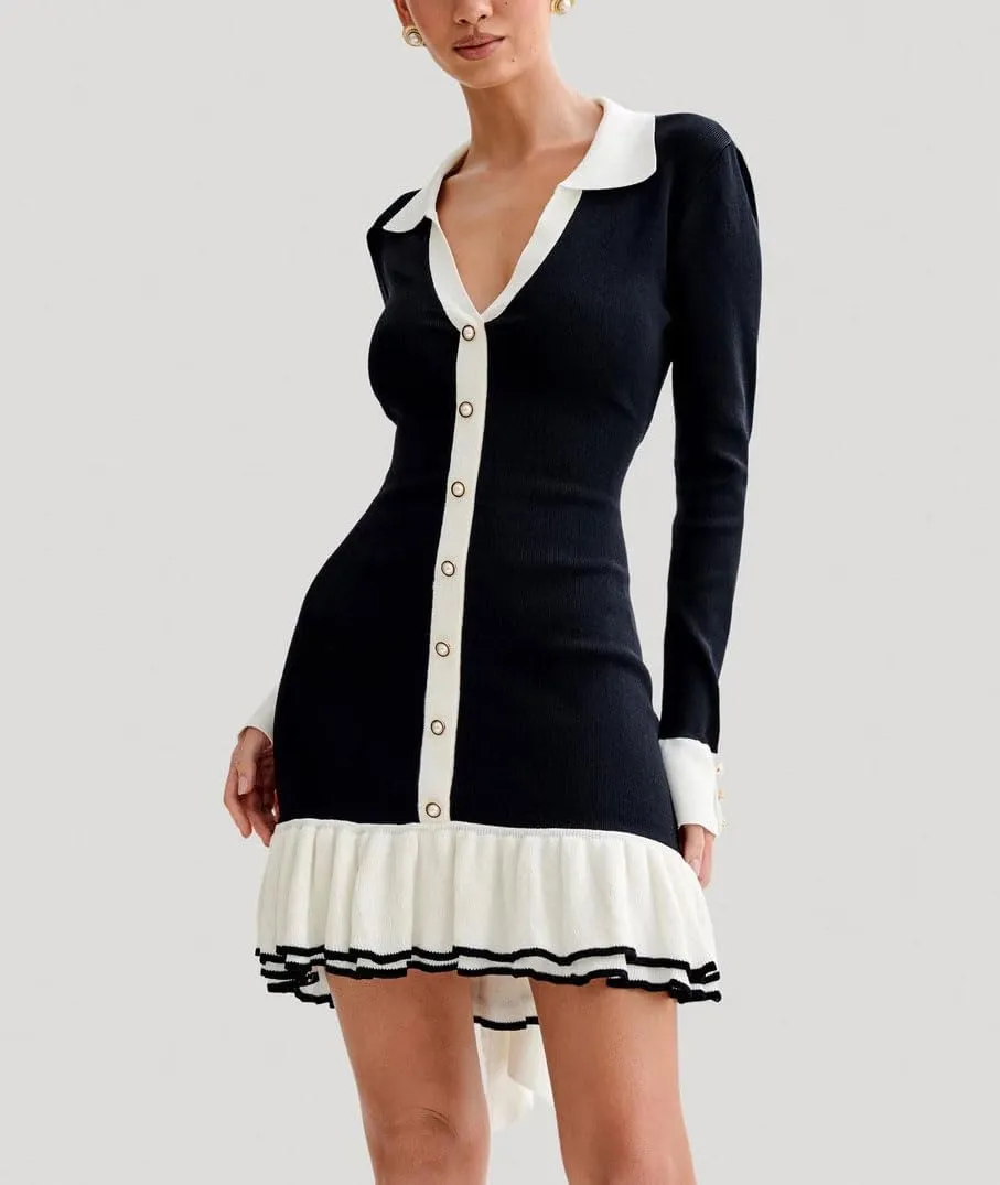 chouyatou Women's Long Sleeve Ruffle Hem Bodycon Knit Sweater Mini Dress Collared Back Tie Knot Cut Out Dress