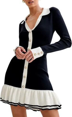 chouyatou Women's Long Sleeve Ruffle Hem Bodycon Knit Sweater Mini Dress Collared Back Tie Knot Cut Out Dress