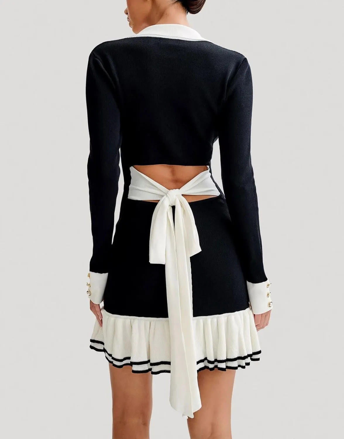 chouyatou Women's Long Sleeve Ruffle Hem Bodycon Knit Sweater Mini Dress Collared Back Tie Knot Cut Out Dress