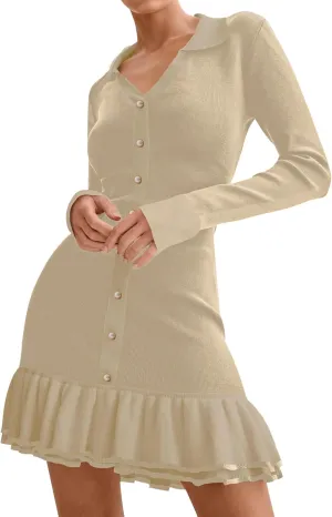 chouyatou Women's Long Sleeve Ruffle Hem Bodycon Knit Sweater Mini Dress Collared Back Tie Knot Cut Out Dress