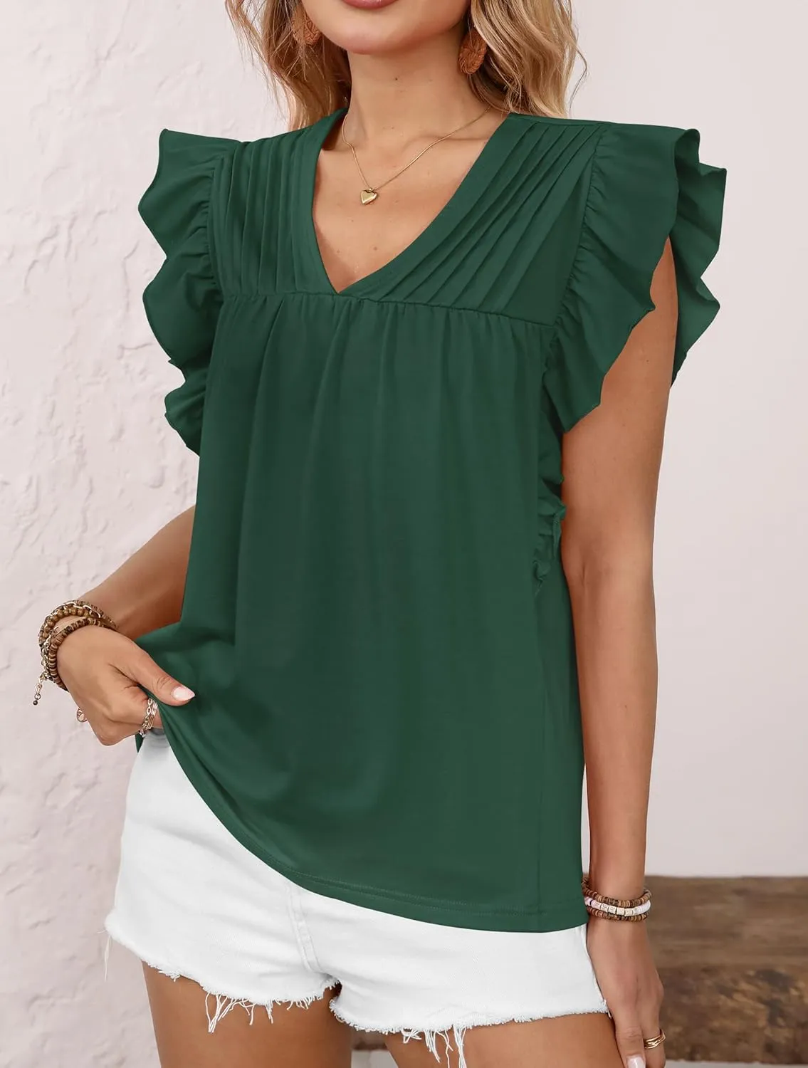 Clarisbelle Summer Women's Dressy Casual Business V Neck Blouses Pleated Ruffle Short Sleeve Trendy Tops