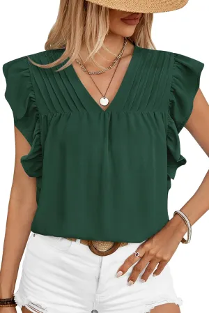 Clarisbelle Summer Women's Dressy Casual Business V Neck Blouses Pleated Ruffle Short Sleeve Trendy Tops