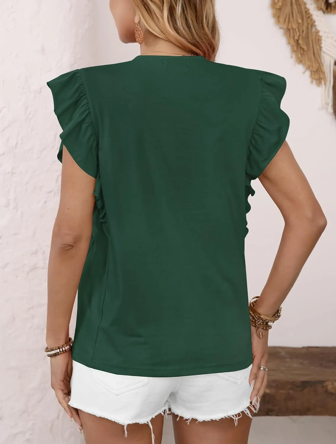 Clarisbelle Summer Women's Dressy Casual Business V Neck Blouses Pleated Ruffle Short Sleeve Trendy Tops