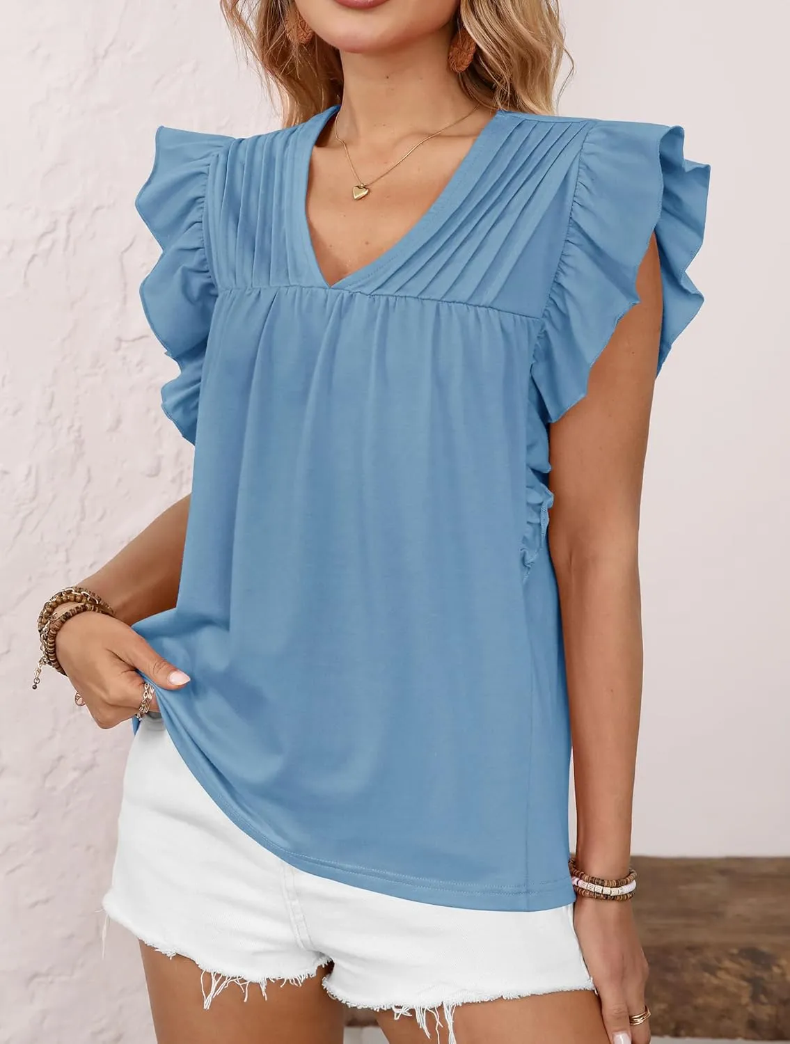 Clarisbelle Summer Women's Dressy Casual Business V Neck Blouses Pleated Ruffle Short Sleeve Trendy Tops