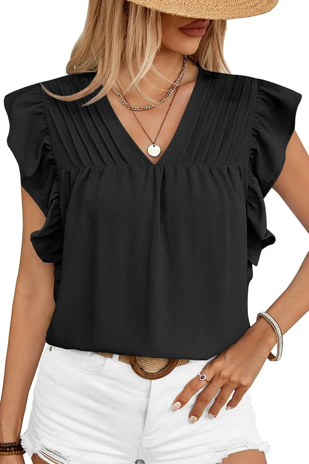 Clarisbelle Summer Women's Dressy Casual Business V Neck Blouses Pleated Ruffle Short Sleeve Trendy Tops