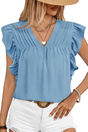 Clarisbelle Summer Women's Dressy Casual Business V Neck Blouses Pleated Ruffle Short Sleeve Trendy Tops