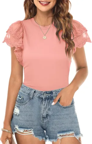 DOROSE Womens Tops Lace Ruffle Sleeve Summer Tshirts Blouse Trendy