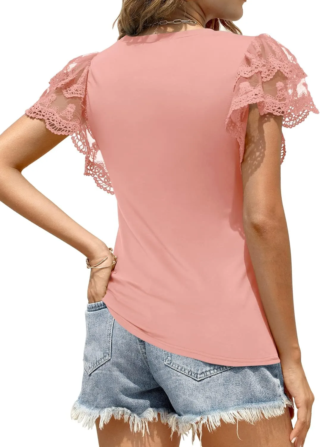 DOROSE Womens Tops Lace Ruffle Sleeve Summer Tshirts Blouse Trendy