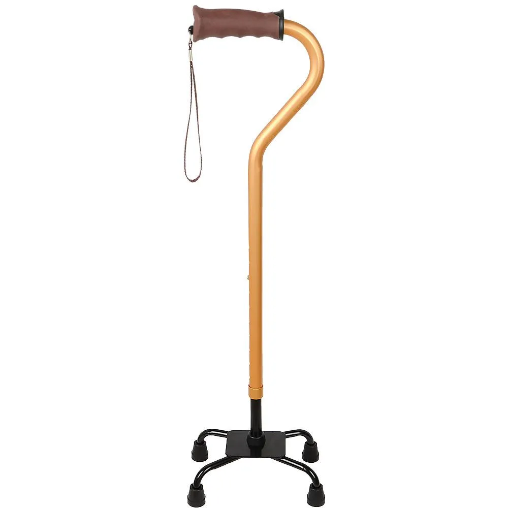 Gold Convertible Quad Base Walking Cane with Comfort Grip - Adjustable Shaft