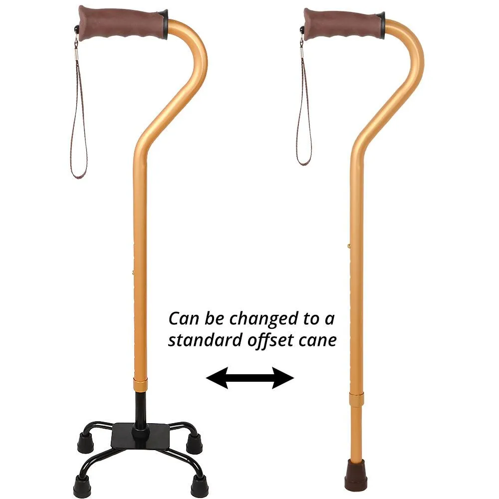 Gold Convertible Quad Base Walking Cane with Comfort Grip - Adjustable Shaft