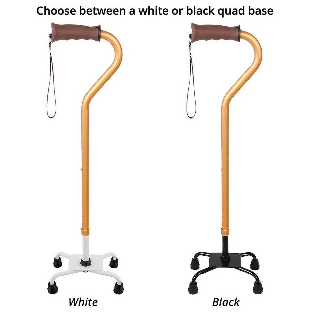 Gold Convertible Quad Base Walking Cane with Comfort Grip - Adjustable Shaft