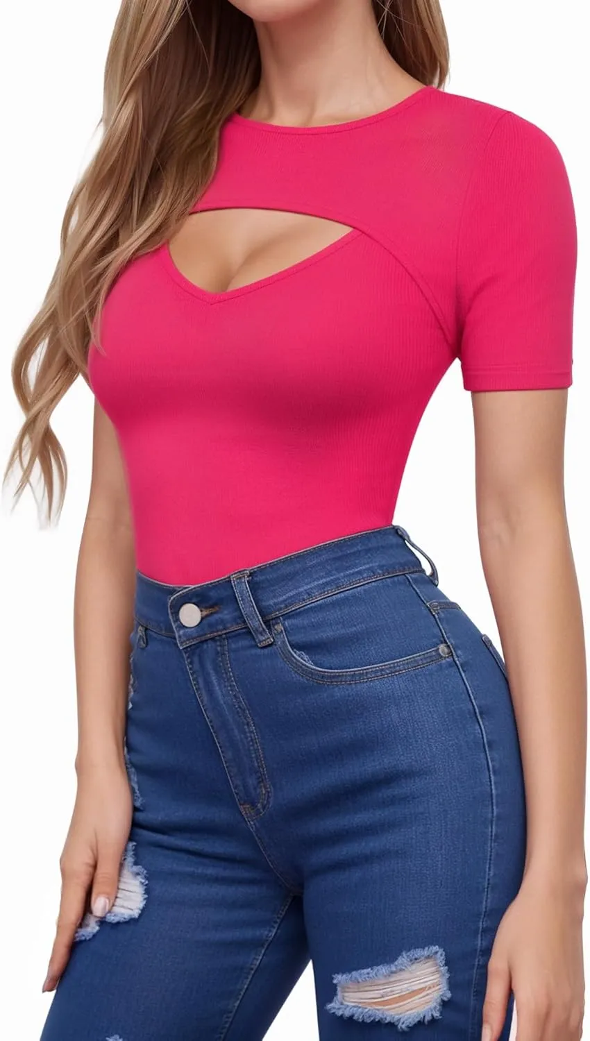 HERLOLLYCHIPS Womens Short Sleeve Tops Cut Out Front Ribbed Fitted Sexy Casual Dressy Tee T-Shirts Tshirt