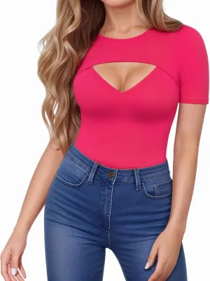 HERLOLLYCHIPS Womens Short Sleeve Tops Cut Out Front Ribbed Fitted Sexy Casual Dressy Tee T-Shirts Tshirt