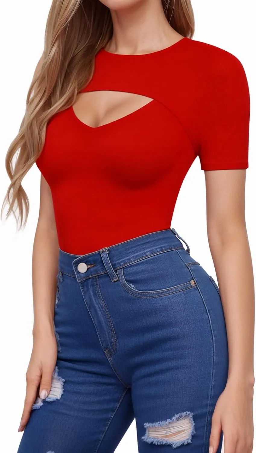 HERLOLLYCHIPS Womens Short Sleeve Tops Cut Out Front Ribbed Fitted Sexy Casual Dressy Tee T-Shirts Tshirt