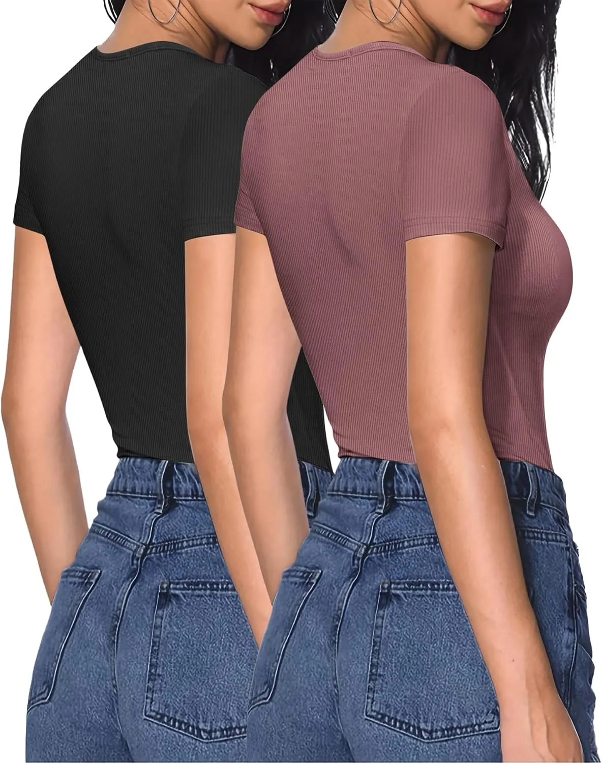 HOTOUCH Deep V Neck Tops for Women Sexy Low Cut Summer Ribbed Knit T Shirts Slim Fit Stretchy Basic Fashion Tee