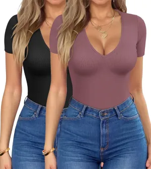 HOTOUCH Deep V Neck Tops for Women Sexy Low Cut Summer Ribbed Knit T Shirts Slim Fit Stretchy Basic Fashion Tee