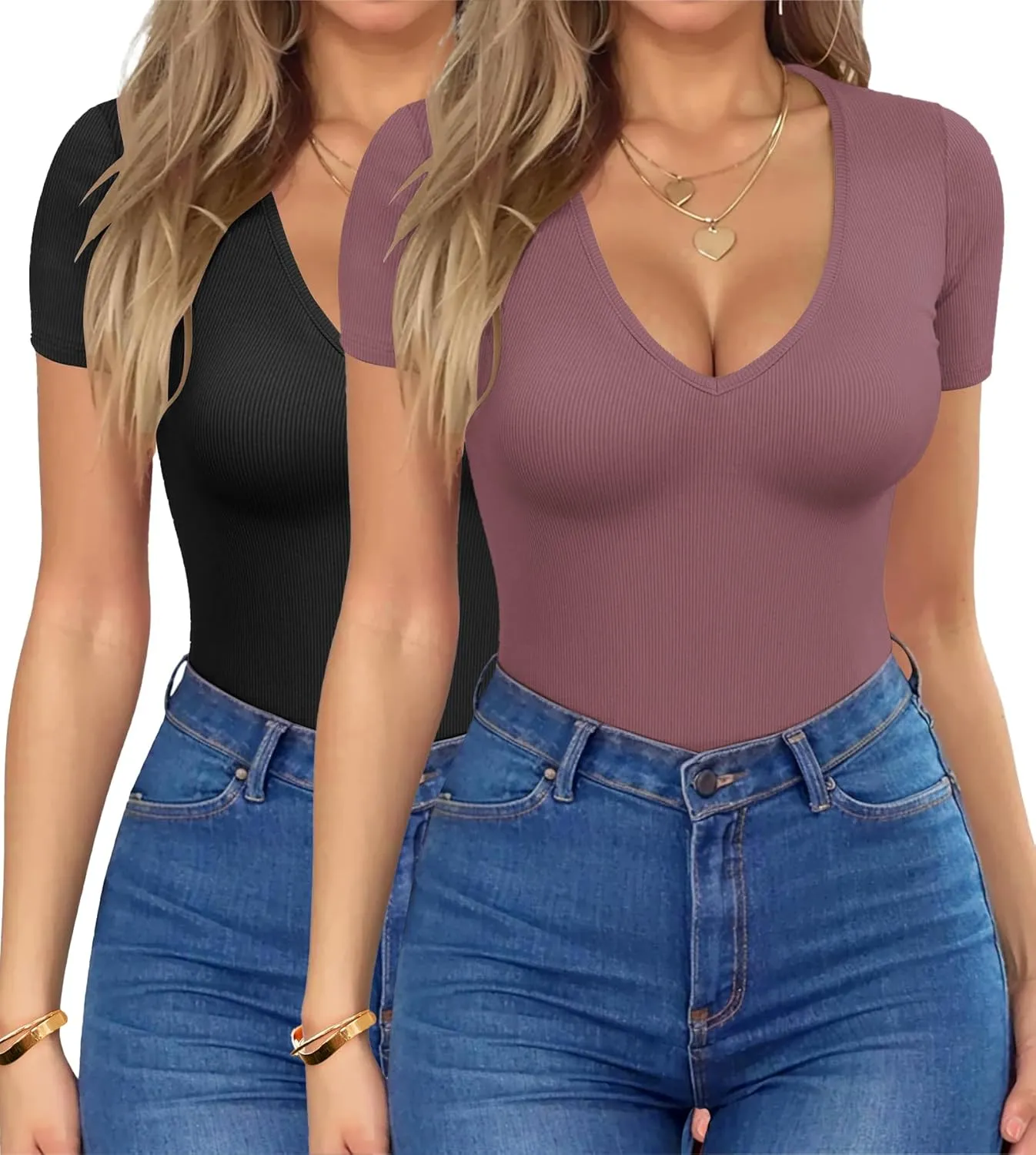 HOTOUCH Deep V Neck Tops for Women Sexy Low Cut Summer Ribbed Knit T Shirts Slim Fit Stretchy Basic Fashion Tee