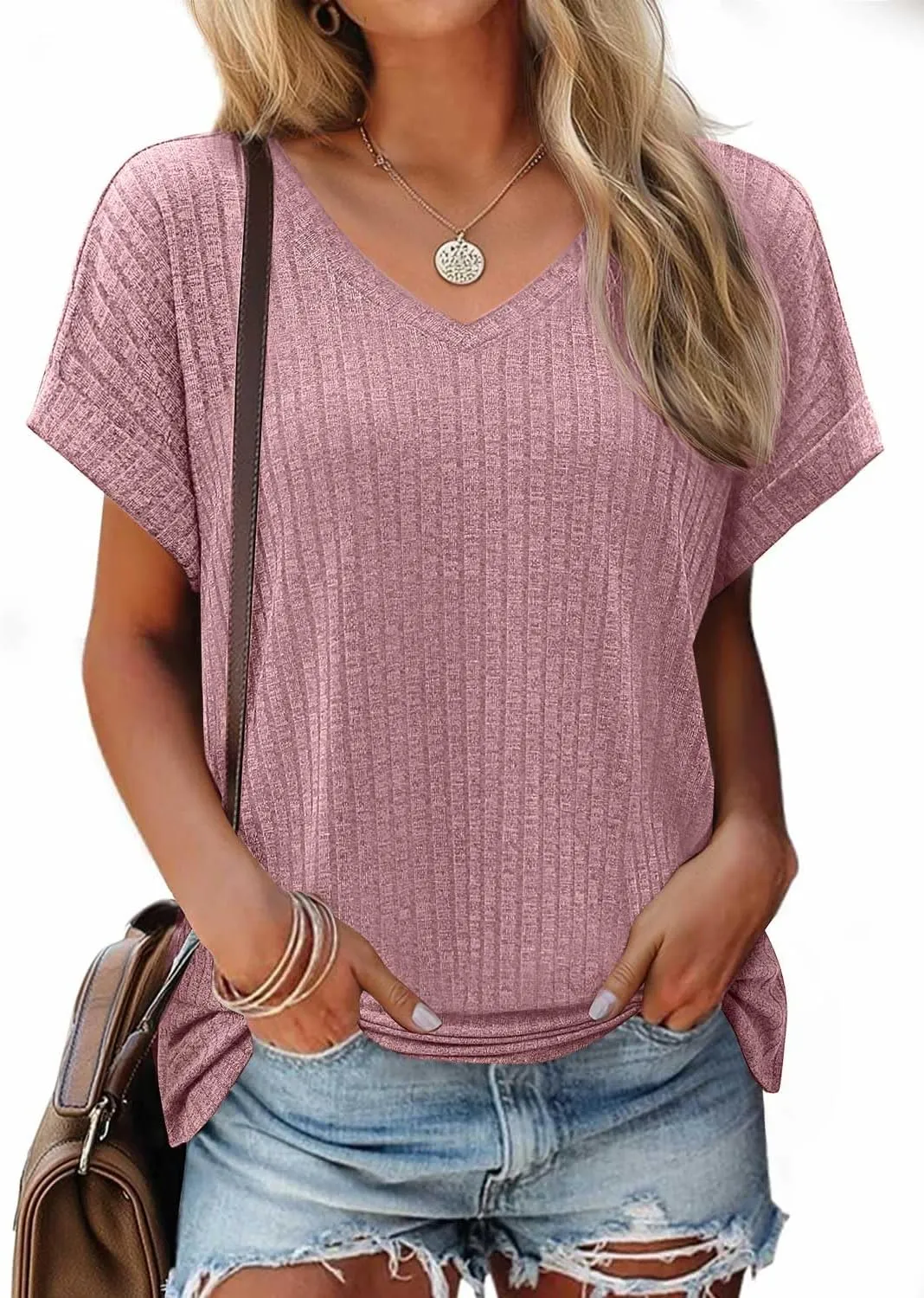 JUSTFASHIONNOW Summer Tops for Women 2025 V Neck Short Sleeve Shirts Trendy Side Split Basic Tees Dressy Casual Outfits