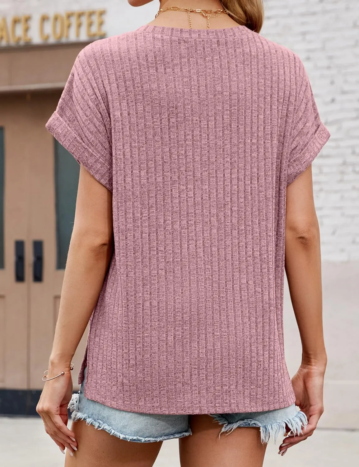 JUSTFASHIONNOW Summer Tops for Women 2025 V Neck Short Sleeve Shirts Trendy Side Split Basic Tees Dressy Casual Outfits