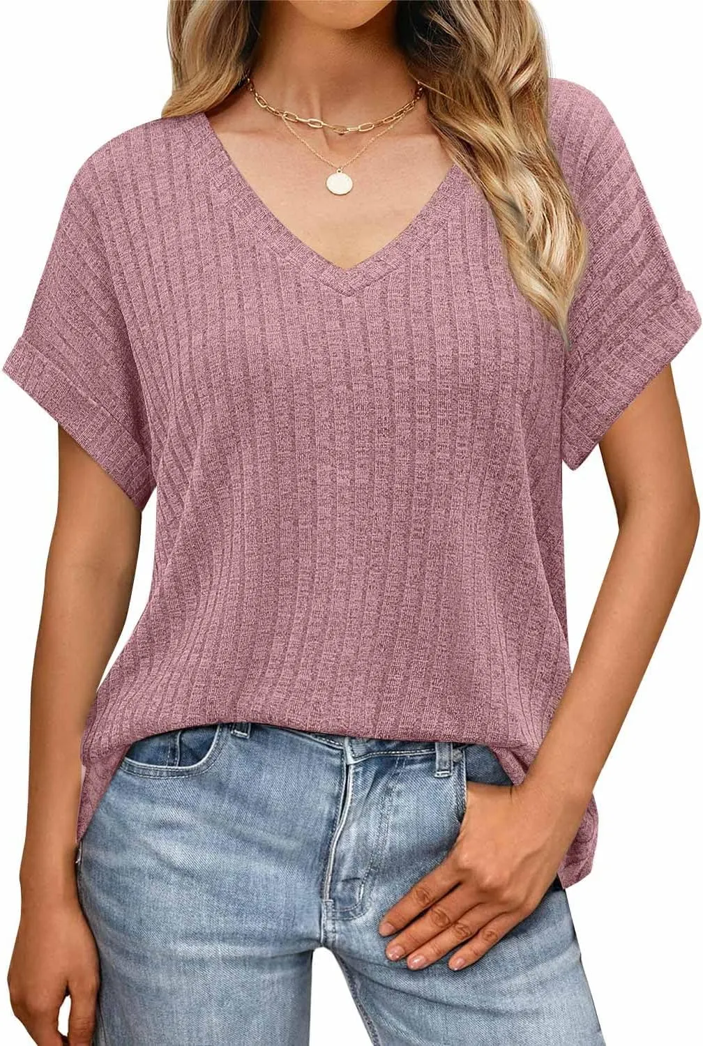 JUSTFASHIONNOW Summer Tops for Women 2025 V Neck Short Sleeve Shirts Trendy Side Split Basic Tees Dressy Casual Outfits