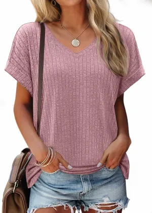 JUSTFASHIONNOW Summer Tops for Women 2025 V Neck Short Sleeve Shirts Trendy Side Split Basic Tees Dressy Casual Outfits