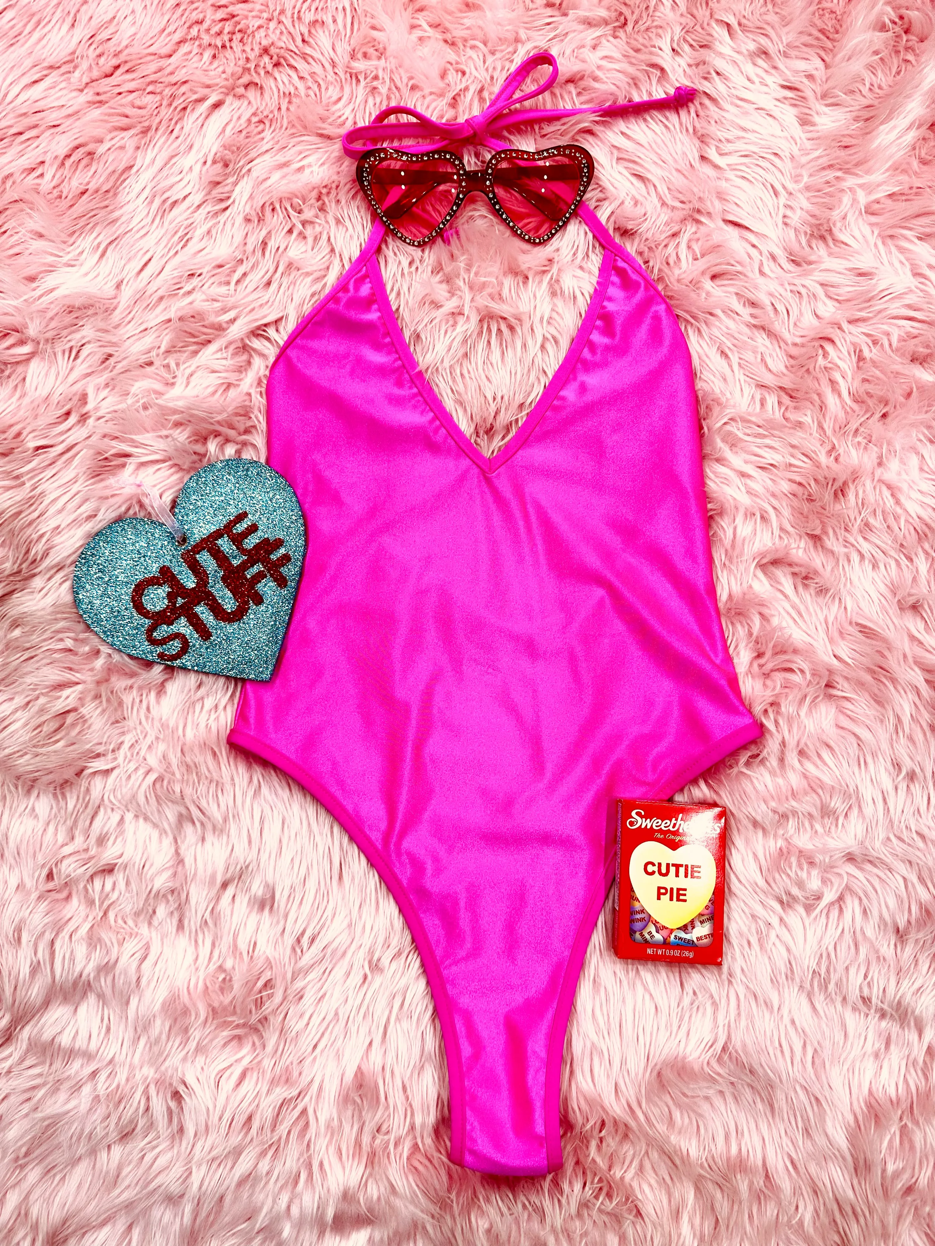 Lycra High Cut Halter Bodysuit in Neon Pink