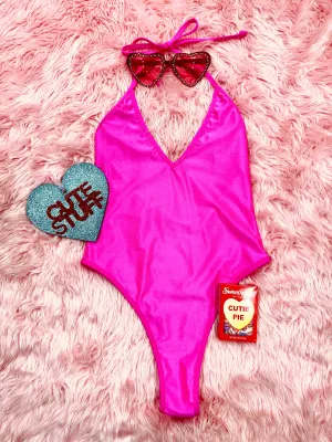 Lycra High Cut Halter Bodysuit in Neon Pink