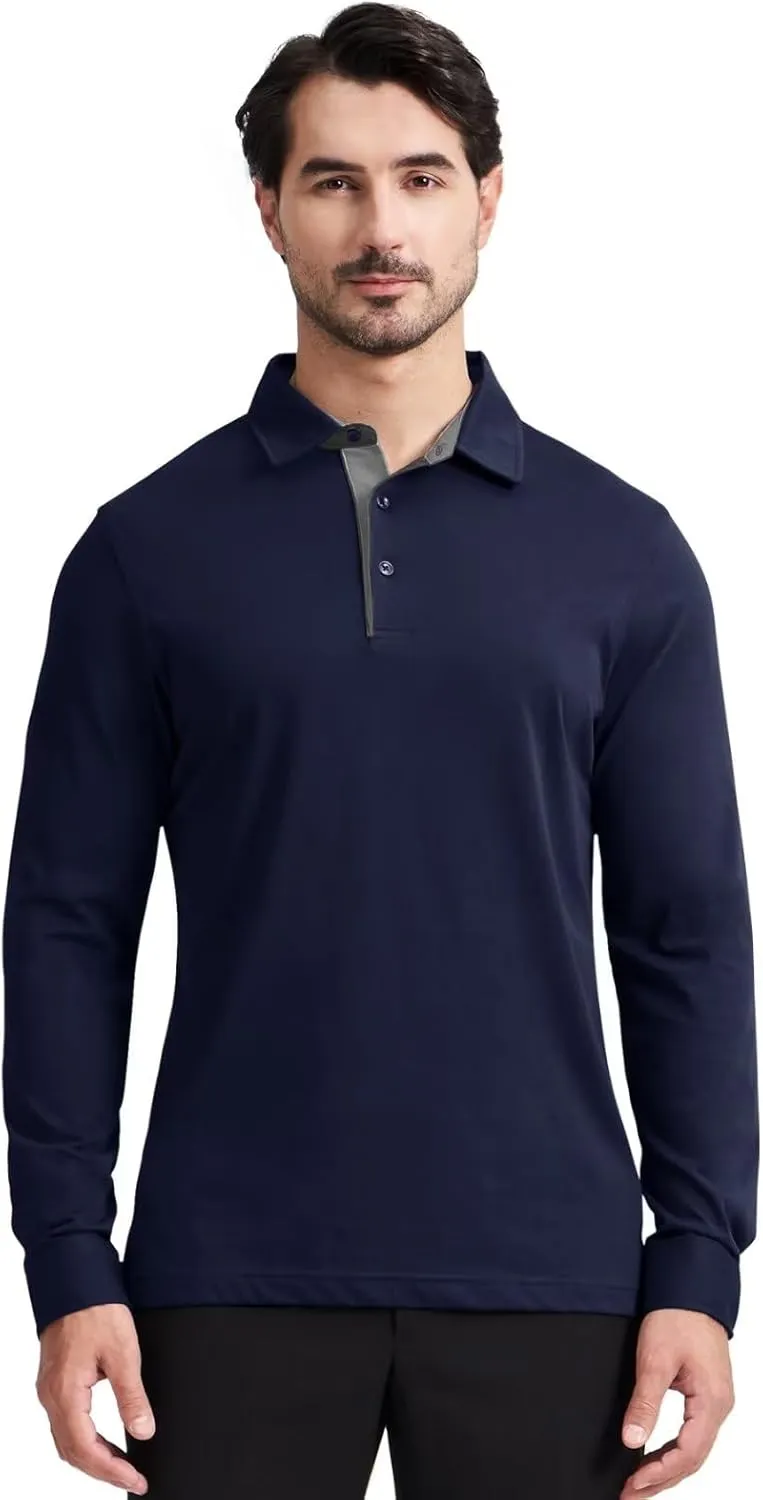 Men's Business Long and Short Sleeve Polo Shirts Mercerized Cotton Blend Casual Stylish Collared Shirts