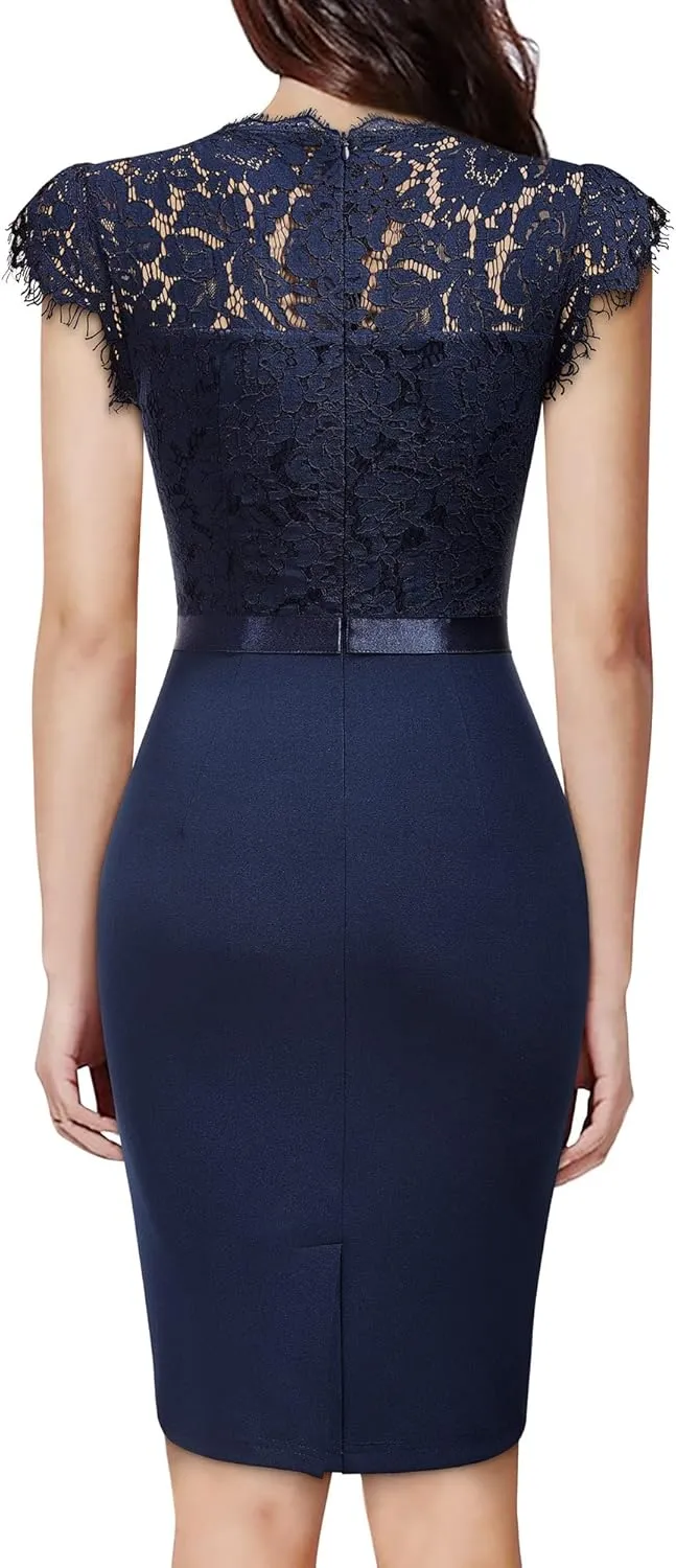 Miusol Women's Elegant Floral Lace Ruffle Design Cap Sleeve Cocktail Party Dress