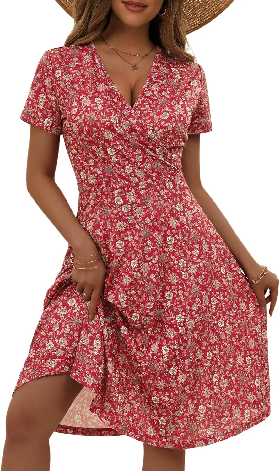 MSBASIC Womens Summer Wrap V Neck Casual Dresses Floral Short Sleeve A-Line Midi Sundress