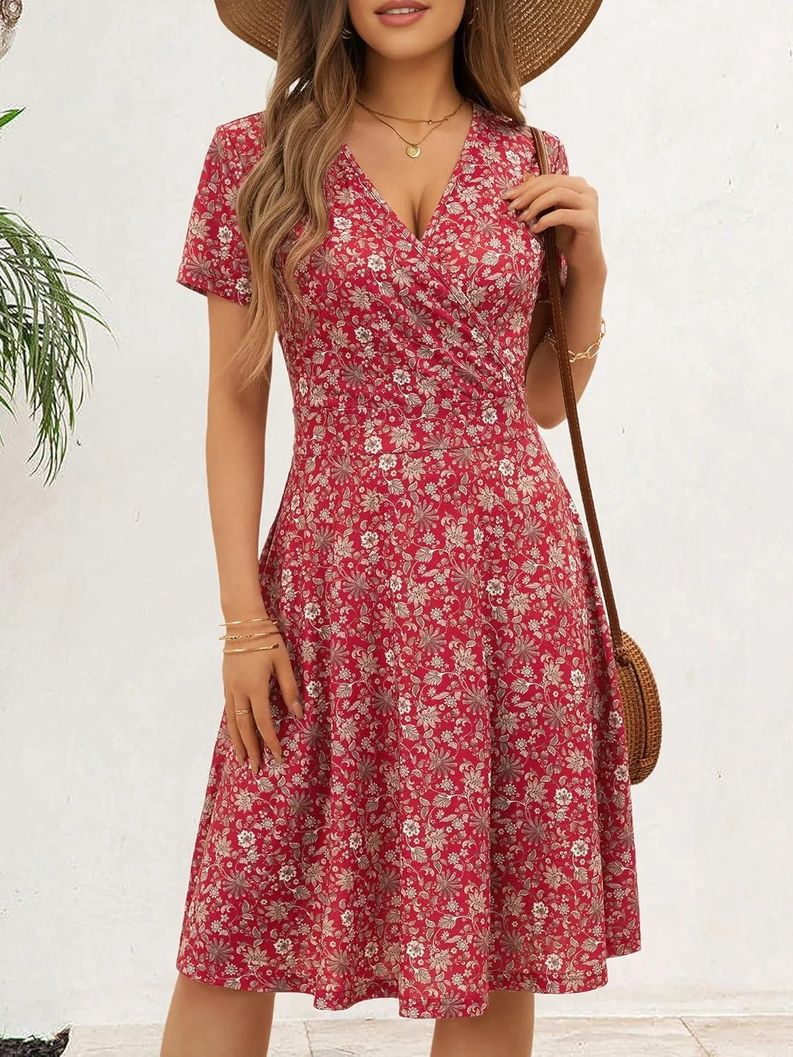 MSBASIC Womens Summer Wrap V Neck Casual Dresses Floral Short Sleeve A-Line Midi Sundress