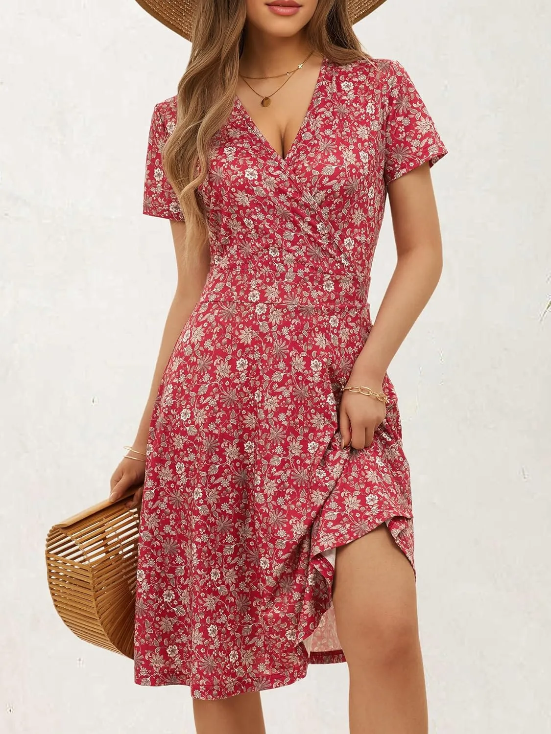 MSBASIC Womens Summer Wrap V Neck Casual Dresses Floral Short Sleeve A-Line Midi Sundress