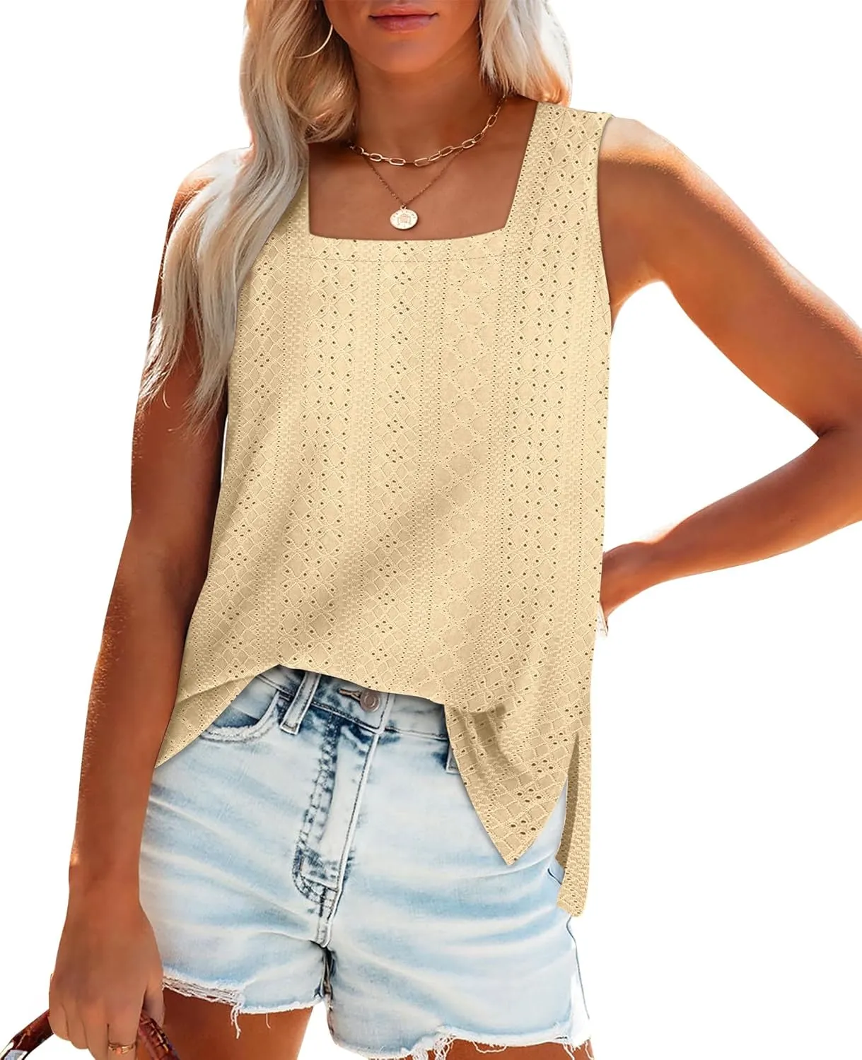 OFEEFAN Womens Tank Tops Square Neck Summer Loose Fit Casual Basic Fashion Flowy Sleeveless