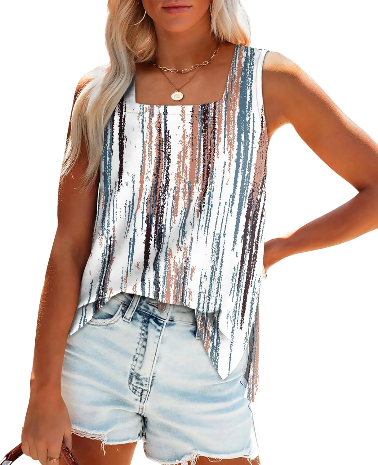 OFEEFAN Womens Tank Tops Square Neck Summer Loose Fit Casual Basic Fashion Flowy Sleeveless