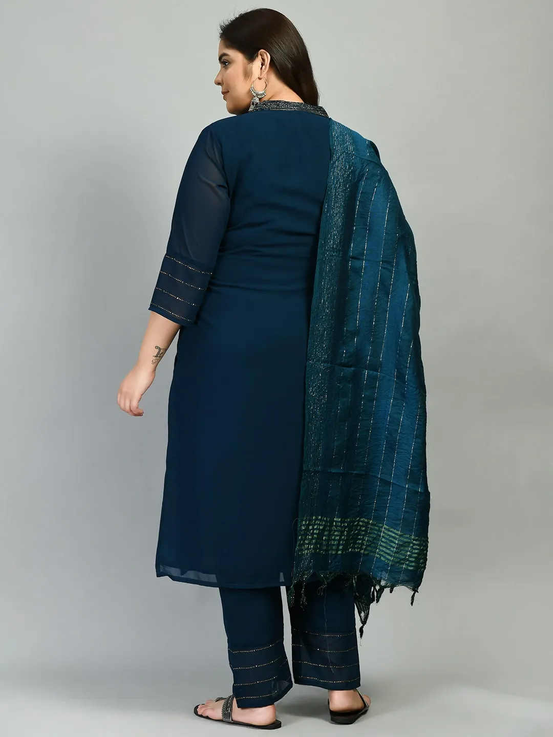 Plus Size Heavy Georgette Teal Kurta Set with Dupatta