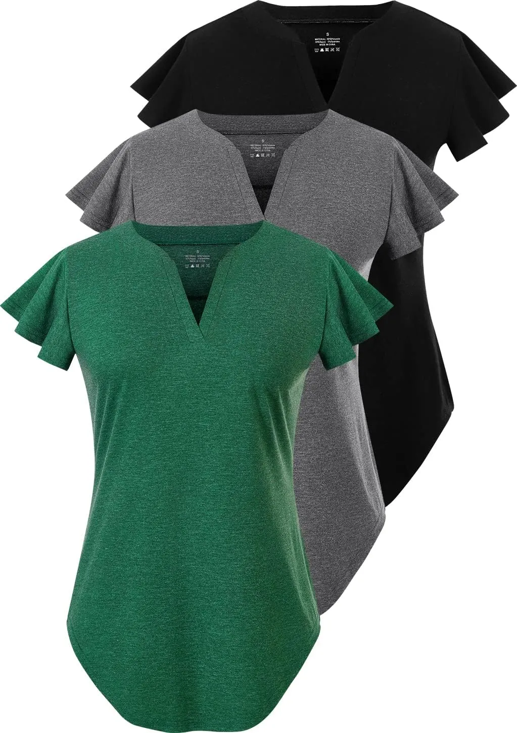 Star Vibe 3 Pack Women's V-Neck T-Shirts Short Sleeve Summer Tops Casual Ruffle Sleeve Tee Shirt Slim Fit Blouses