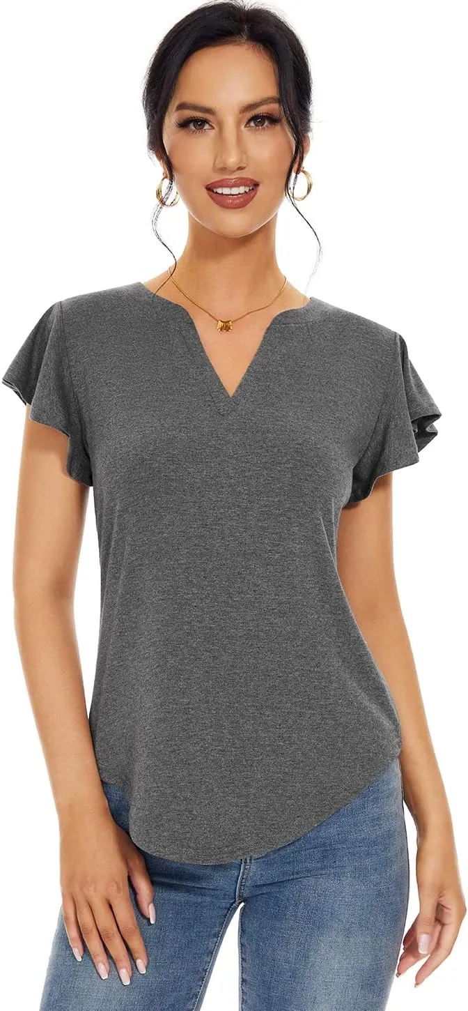 Star Vibe 3 Pack Women's V-Neck T-Shirts Short Sleeve Summer Tops Casual Ruffle Sleeve Tee Shirt Slim Fit Blouses