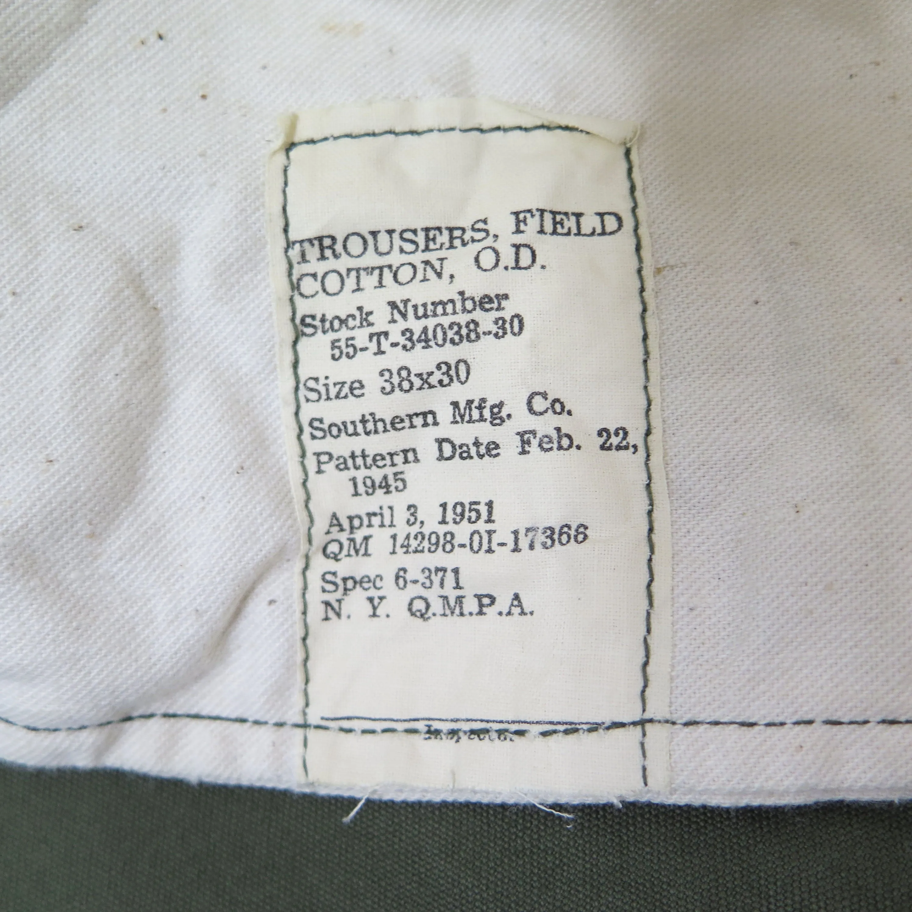 US ARMY FIELD TROUSERS PANTS PATTERN DATE FEB 1945 ISSUE DATE APR 1951 KOREAN WAR COTTON SIZE 36X28