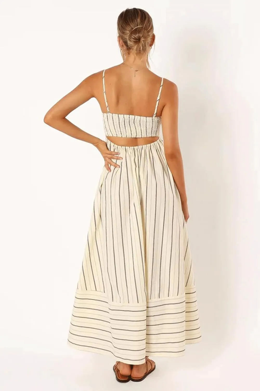 utcoco Womens Summer Striped Back Smocked Maxi Sundresses Spaghetti Strap Cut Out Flowy Swing A Line Long Dress