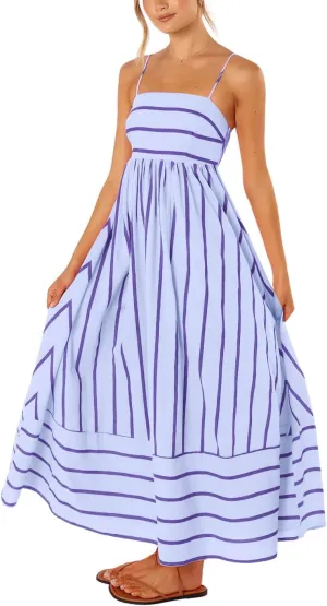 utcoco Womens Summer Striped Back Smocked Maxi Sundresses Spaghetti Strap Cut Out Flowy Swing A Line Long Dress