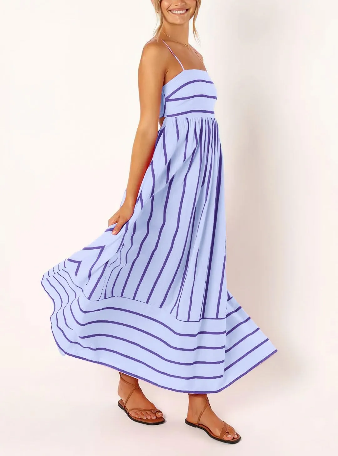utcoco Womens Summer Striped Back Smocked Maxi Sundresses Spaghetti Strap Cut Out Flowy Swing A Line Long Dress