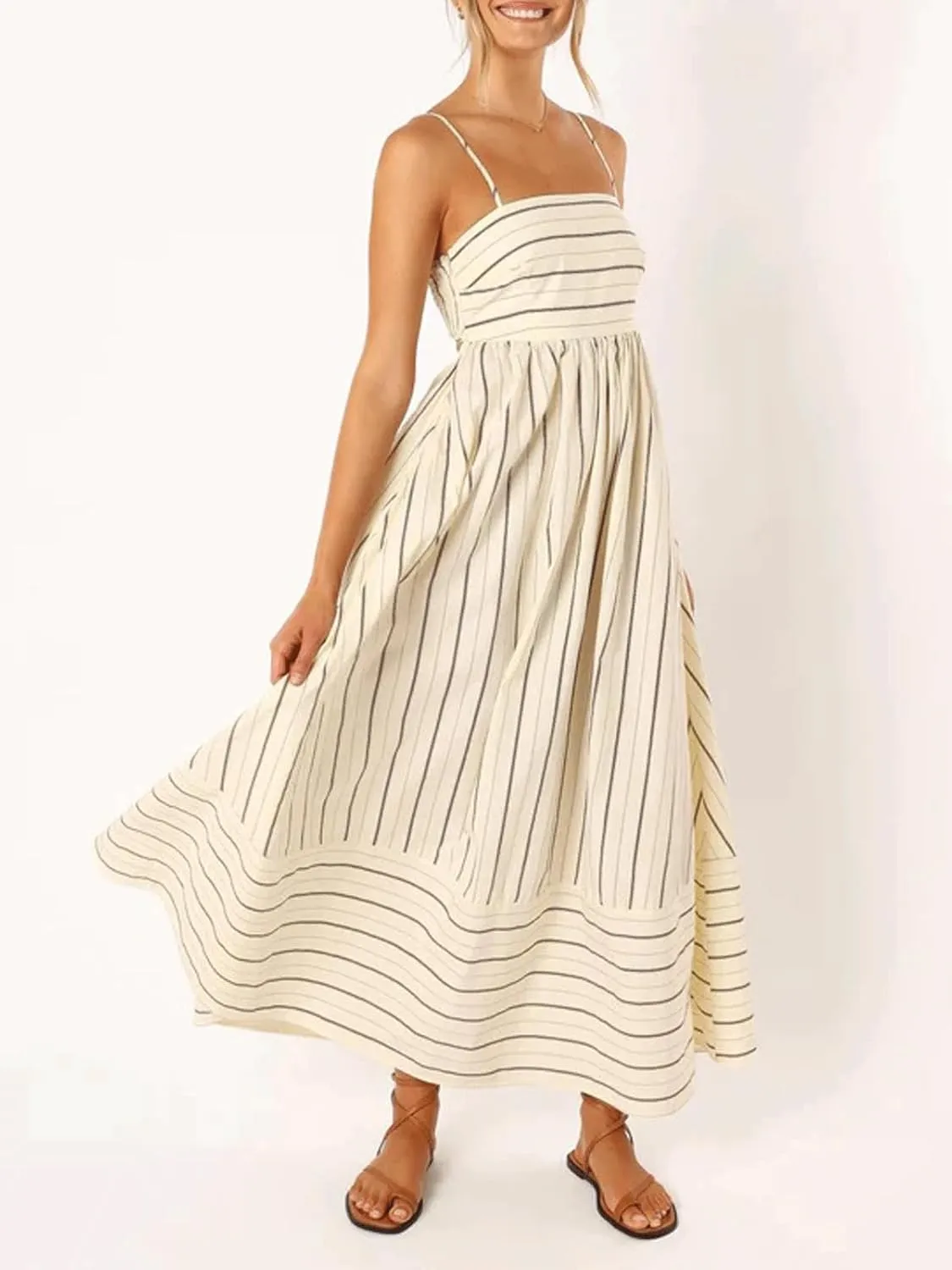 utcoco Womens Summer Striped Back Smocked Maxi Sundresses Spaghetti Strap Cut Out Flowy Swing A Line Long Dress