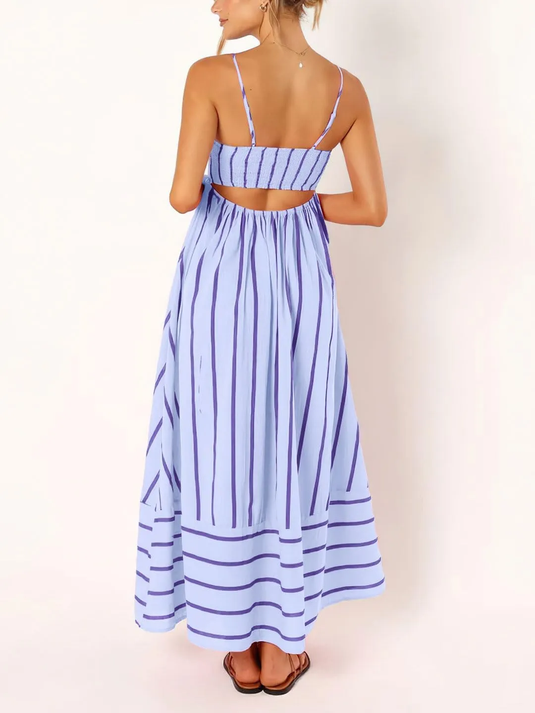 utcoco Womens Summer Striped Back Smocked Maxi Sundresses Spaghetti Strap Cut Out Flowy Swing A Line Long Dress
