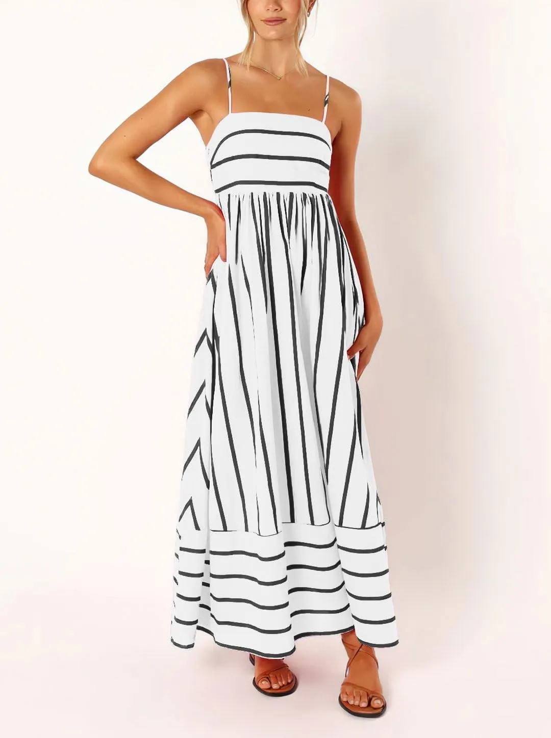 utcoco Womens Summer Striped Back Smocked Maxi Sundresses Spaghetti Strap Cut Out Flowy Swing A Line Long Dress