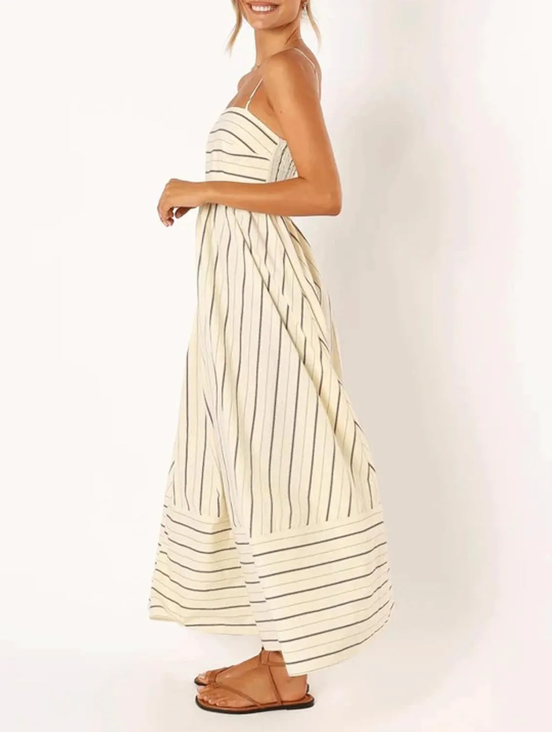 utcoco Womens Summer Striped Back Smocked Maxi Sundresses Spaghetti Strap Cut Out Flowy Swing A Line Long Dress